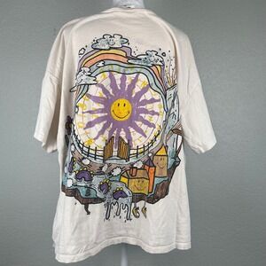 Smiley H&M Oversized Graphic T-Shirt Size XL Cream Psychedelic Sun Rainbow Boho